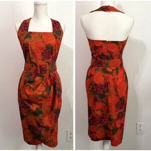 Debora Kuchme Dress 4 Orange Floral Halter Belt Pinup Retro Party‎ Cocktail Y2K